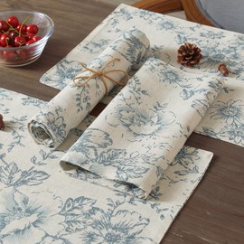 JINCHAN Floral Placemats Set of 4 Farmhouse Fall Autumn Linen Placemats Cloth Table Mats Holiday Seasonal Rustic for Kitchen Dining Table Decor Heat Resistant Washable Tablemats 13x19 Inch Blue