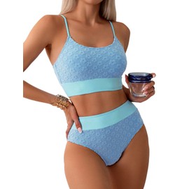 SOLY HUX - Conjunto de bikini para mujer, diseño de bloques de color, estampado floral, cintura alta, traje de baño de dos piezas, negro, azul (Blue Colorblock), Small