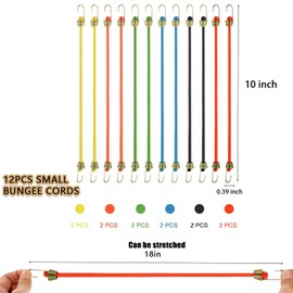 12 Pcs Small Bungee Cords with Hooks Adjustable 10 Inch Mini Bungee Cords in 6 Colors for Bicycles Carts Curtains Outdoor Tools and Cargo Accessories