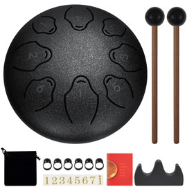 Rain Drum for Outside,6 Inch 8 Notes Steel Tongue Drum Hand Drums with Bag Sticks Music Book,Sound Healing Instruments for Musical Education Entertainment Meditation Yoga Chakra Black