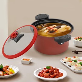 Multifunctional Micro Pressure Cooker - Large Capacity 304 Stainless Steel Non-Stick Pot with Visual Lid & Twist Lock Handles - Compatible with Gas, Induction & Electric Stoves (Red)