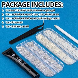 BELLEBOOST Nail Art Rhinestone Glue Gel&2 Boxes Flatback Gems Kit, 1 Tube of 15ml Rhinestone Gel Glue(UV/LED Needed)+Round Clear Gems+Flat-Back Half Round White&Beige Pearls with Pickup Tools
