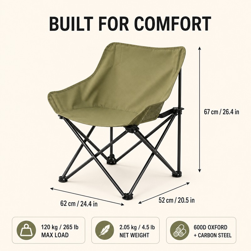 Portable Folding Moon Camping Chair with Carry Bag, 600D Oxford