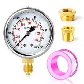 ERGAOBOY 0-100 Bar (0-1400 PSI) Stainless Steel 1/4 Inch BSP 2.5 Inch Dial Liquid Pressure Gauge, with Brass Adapter, Lower Mounting