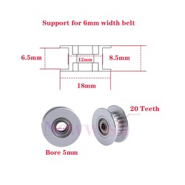 Newwish GT2 Idler Pulley 20 Teeth Bore 5mm Width 6mm 20 Tooth GT2 Idler 5mm Bore for 3D Printer 6mm Width GT2 Timing Belt. (10pcs)