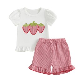 LYSINK Toddler Baby Girls Summer Outfits Strawberry Embroidery Short Sleeve Top and Shorts Cute 2Pcs Set for Little Girls (Ba Red, 2-3T)