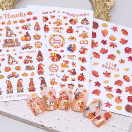 6 Sheets Fall Nail Stickers 3D Self-Adhesive Thanksgiving Nail Stickers with 5D Embossed Maple Leaf Nail Art Sticker Squirrel Pumpkin Leaves Design Autumn Nail Decals for Holiday Manicure Decorations