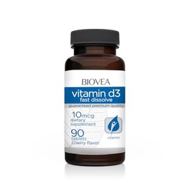 BIOVEA | Vitamina D3 de Uso Diario 400 UI | Tabletas de Rápida Disolución en la Boca | Apoyo Inmune y Óseo | Uso Diario y Fácil Absorción Sabor Cereza
