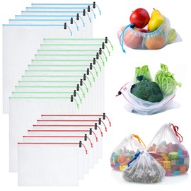 Bolsas reutilizables de malla 24PCS, bolsa de compras ecológica, bolsas de comestibles, lavable y transparente para Almacenamiento frutas, vegetales, Regalo y juguetes - 3 tamaños