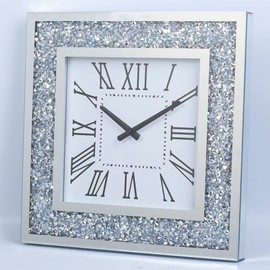 Silver Mirror Clock Crystal Sparkle Twinkle Bling Crush Diamond Mirrored Large Wall Clock for Wall Decoration Silver Glass Mirror Home Décor. AA Battery is not Included. (20 inches-Square)