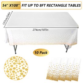 Pack of 10 Disposable Tablecloths, White with Gold Polka Dots, Plastic Tablecloths, 137 x 274 cm, Disposable Tablecloths, Waterproof, Rectangular Tablecloths, Waterproof Tablecloths for Birthday