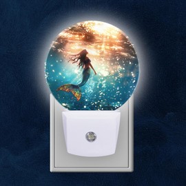 Round LED Night Lights Lamp with Dusk to Dawn Sensor, Beautiful Mermaid Swimming in The Deep Sea Night Light Plug Into Wall for Kids Room, Bedroom, Bathroom, Kitchen, Hallway