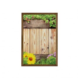 Ambesonne Wooden Print Framed Wall Art, Fence Garden Yard Summer Spring Daisy Flowers Butterfly Grass Rustic, Fabric Decor with Teak Tone Wood Frame Home & Dorm Decor, 23" x 35", Brown Green Yellow