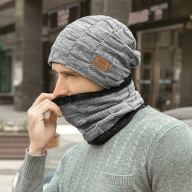 Mens Winter Beanie Hat Scarf Set Warm Fleece Lined Snow Knit Ski Cap
