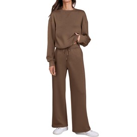 Caracilia Women's 2 Piece Outfits Sweatsuit Fall Crewneck Sweatshirts Wide Leg Pants Lounge Matching Sweat Sets Tracksuit Brown Large