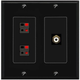 RiteAV 2 Port Speaker Wire Plug Jack Wall Plate+RCA for Subwoofer 2 Gang [Black]