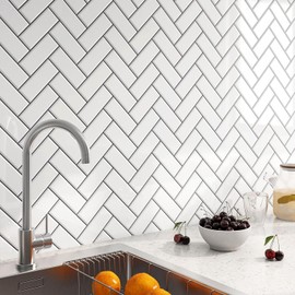 FunStick 15-Sheet White Peel and Stick Backsplash Tiles for Kitchen Bathroom 12"x12" Removable Herringbone Back Splash Stick on Tiles for Kitchen White Wall Tile Stickers for Shower Laundry Room
