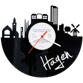 GRAVURZEILE Vinyl Record Clock - Skyline Hagen - Wall Clock Made of Cast Vinyl with City Skyline 30 cm - Upcycling Design Clock Wall Decoration Vintage Clock Wall Decoration Retro Clock - Made in