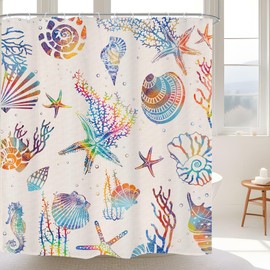 Omifly Colorful Starfish Seashells Shower Curtain 60Wx72H Inch Nautical Beach Coastal Vintage Ocean Sea Horse Coral Multicolor Rainbow with 12 Plastic Hooks Fabric Waterproof Toilet Accessories Decor