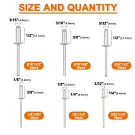 ISPINNER 225pcs Aluminum Blind Rivets Assortment Kit with Heavy Duty Hand Riveter Rivet Gun Tool, 6 Sizes Pop Rivets