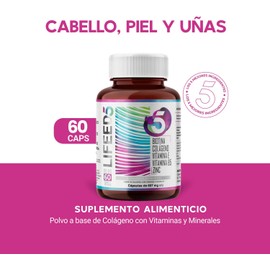 LIFEED Biotina, Colágeno Hidrolizado, Zinc y Vitaminas E y B5 | Multivitamínico Sin Gluten para Cuidado de Cabello, Piel y Uñas | Suplemento para Mujer y Hombre | Contiene 60 Cápsulas Tomar 1 al Día