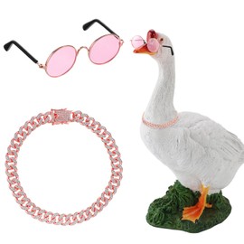 HJZHII Porch Goose Sunglasses, Chain Collar and Sunglass Goose Funny Decor Porch Geese Outfits Rose Gold Chain Rose Rhinestone Link Chains Cool Geese Costume for Lawn Outdoor Garden Yard Patio Statue