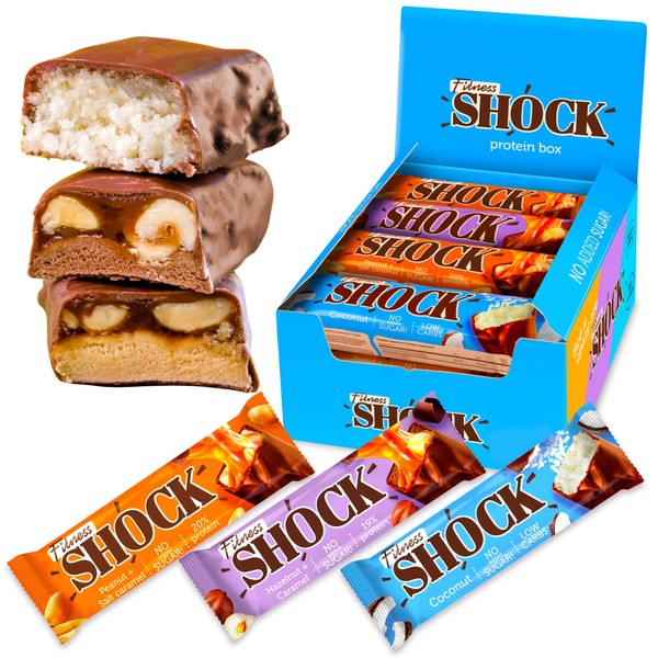 FitnesSHOCK Protein Bar Set Mix Box Protein Bar without Added Sugar with High 20% Protein Content Low Carb Fitness Protein Bar Almost Sugar-Free (1 g) High Fibre 12 x 50 g