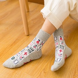 shiningsoul SHINININGSOUL Creative Mah Jong Print Novelty Cotton Crew Socks 5 Pairs for Men Women (Sizes 4–9), With Good Luck Mahjong Bracelet