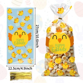 Totelux Easter Cellophane Goodie Bags Clear Plastic Bag Chick Rabbit Carrot Treat Bags with Ties for Cookies Candy Gift Wrapping Holiday Easter Party Favor Supplies Yellow 50PCS