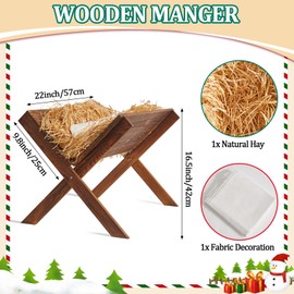 party greeting Finished Large Jesus Wooden Manger Religious Christmas Decor Nativity Scene Wooden Manger with Natural Hay Fabric Nacimiento De Jesus Accessory for Indoor Outdoor Home Decoration