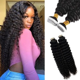 Tape in Curly Wave Human Hair Extensions for Black Women 14Inch Curly Tape Hair Extensions 100% Remy Human Hair Tape ins Bouncy Curls Seamless Black Curly Tape in Extensions 50grams 20pcs
