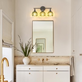 Shenmoyl Bathroom Light Fixtures, 3-Light Black Vanity Wall Light Over Mirror with Green Tulip Glass Shade for Bedroom Living Room