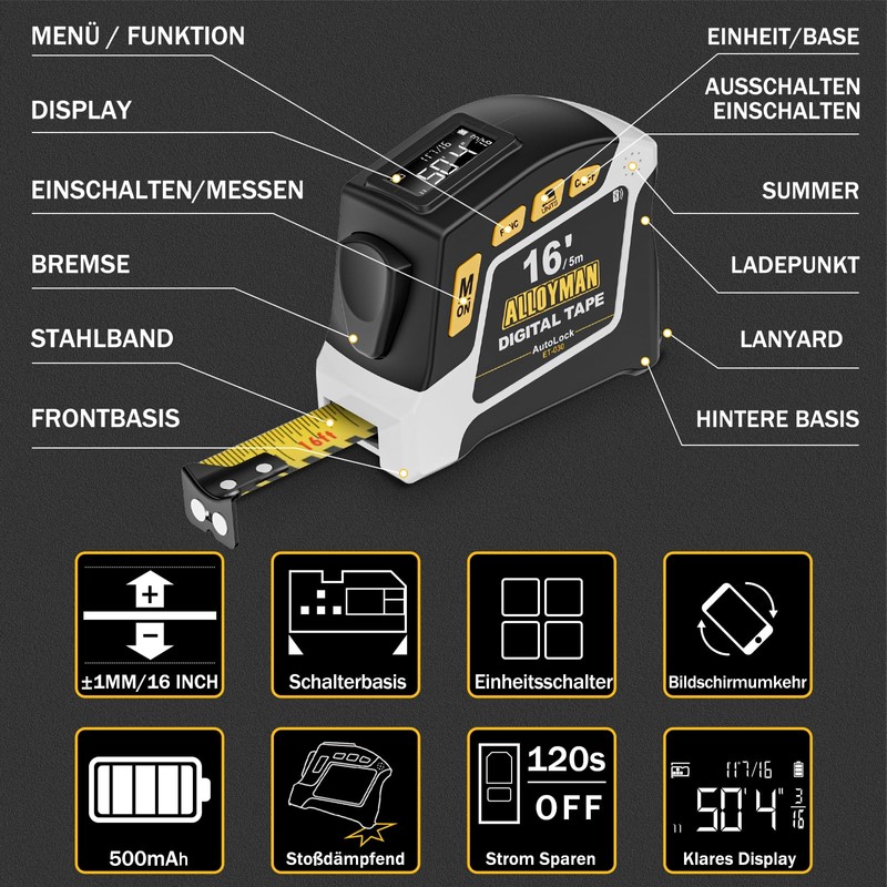 Alloyman Digital Tape Measure, 2-in-1 5M Tape Measure with 50