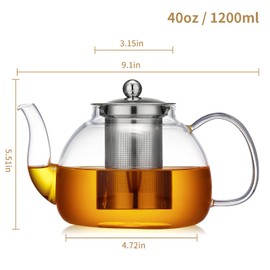 DOPUDO 40oz Glass Teapot with Removable Infuser, Stovetop Safe Tea Pot, Blooming and Loose Leaf Tea Maker Set
