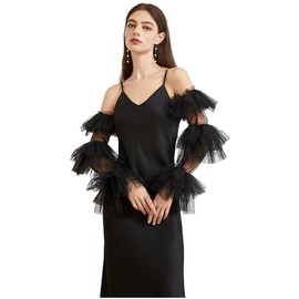 Women Long Puff Mesh Gloves Velvet Opera Sheer Tulle Gloves Elbow Oversized Satin Ruffled Banquet Wedding Dance Party Gloves (Black, Standard)