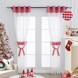 L.Z.E - Cortinas transparentes blancas para sala de estar, cortinas transparentes a cuadros rojos y blancas de 96 pulgadas de largo, juego de 2 paneles de cortina de granja con ojales en la parte