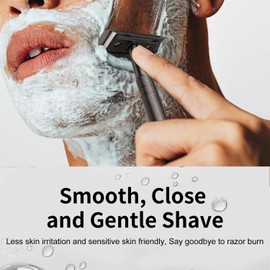 Double Edge Safety Razor with 10 Blades and Stand, Single Blade Razors for Men and Women, Long and Heavy Duty Stainless Steel Handle, Smooth Close Gentle Shave, Black