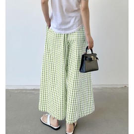 chouyatou Women's Plaid Wide Leg Culotte Pants Gingham High Elastic Waisted Cropped Palazzo Pants with Pockets (Medium, Green)