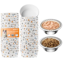 300 Pack Disposable Cat Bowl Liners with 2 Stainless Steel Bowls