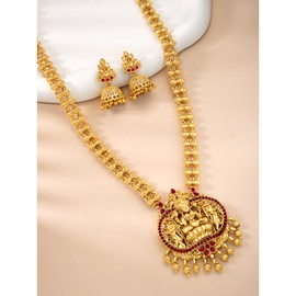 Aheli Rani Pink Synthetic Stone Studded Long Necklace Jhumki Earrings Jewellery Set Gift for Women