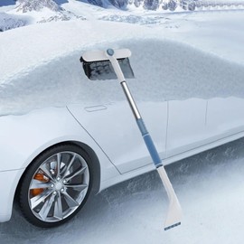 EOHMAK 3 In 1 Snow Brush and Ice Scraper for Car Windshield Extendable Snow Removal 360° Pivoting Vehicle Winter Shovel Brush Snow Scraper with Long Handle for Car SUV Trucks (White)