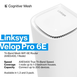 Linksys Velop Pro 6E WiFi Mesh System | One Cognitive Mesh Tri-Band router with 5.4 Gbps (AXE5400) Speed | Coverage up to 3,000 sq ft | Connect 200+ Devices | 1Pk MXEC621 | 2023 Release (Renewed)