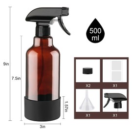 Glass Amber Spray Bottles with Silicone Sleeve, 2 Pack 16 oz Refillable Containers with Adjustable Spray Nozzles, Empty Bottle Spray for Cleaning Solutions, Hair, Plants, Essential Oils (Black,Green)