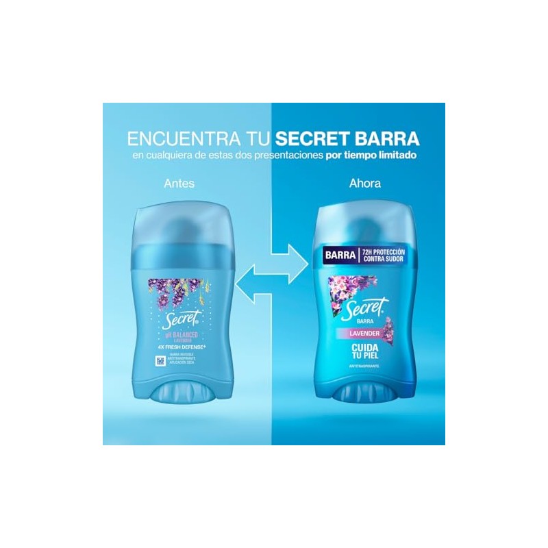 Secret, Antitranspirante Mujer, Barra Invisible, Aroma a Lavanda, 45g