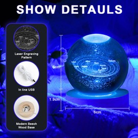 HOTUT 3D Solar System Crystal Ball, 3D Planets Crystal Ball with Wooden Base, Space Galaxy Crystal Ball, 3D Crystal LED Night Light Tabletop for Birthday Gift Anniversary Home Decor