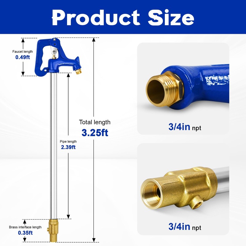 3.25FT Frost Proof Yard Hydrant,Freezeless Frost Free Outdoor Water Hydrant,3/4"