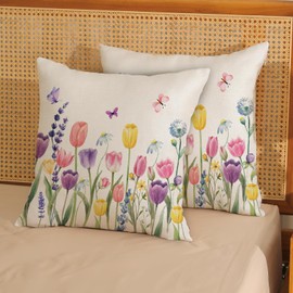 Spring Pillow Covers 18x18 Inch Set of 2, Watercolor Flowers Lavender Tulip Throw Pillows Summer Spring Decorations Floral Pillowcase Square Outdoor Decor Farmhouse Cushion Case for Couch Home