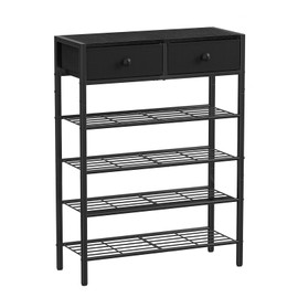 UNITSTAGE Shoe Rack for Entryway, 5 Tier Shoe Organizer with 2 Non-Woven Drawers, Metal Storage Shoe Shelf for 16-20 Pairs of Shoes, with Wooden Top and Steel Frame, Shoe Stand for Closet Charcoal