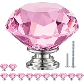 POZEAN Crystal Drawer Knobs 30 Pack, 1-9/16 inch Cabinet Knobs for Dresser with Cuttable Screws, Diamond Glass Pulls Handles (40mm, 12Pack, Pink-Silver)