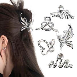 Rannyrena Gold Butterfly Metal Hair Claw Clips with Pearl Crystal Irregular Large Non-Slip Claw Clip Snake Hair Accessories for Women Thin Thick Hair (Silver Small Butterfly Wave (Pack of 5))